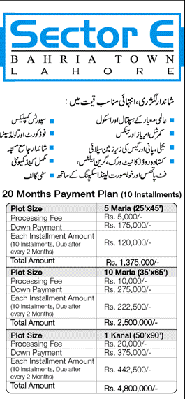 Bahria Town Lahore Sector E Prices