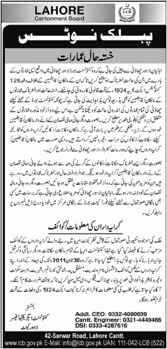 Public Notice Lahore Cantonment Board