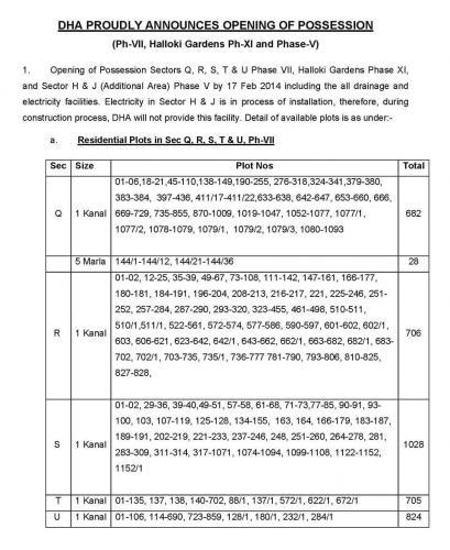 Possession Open Residential Plots Sector Q, R, S, T & U in DHA Phase 7 Lahore