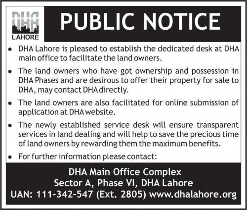 DHA Lahore Established Dedicated Desk for Land Owners