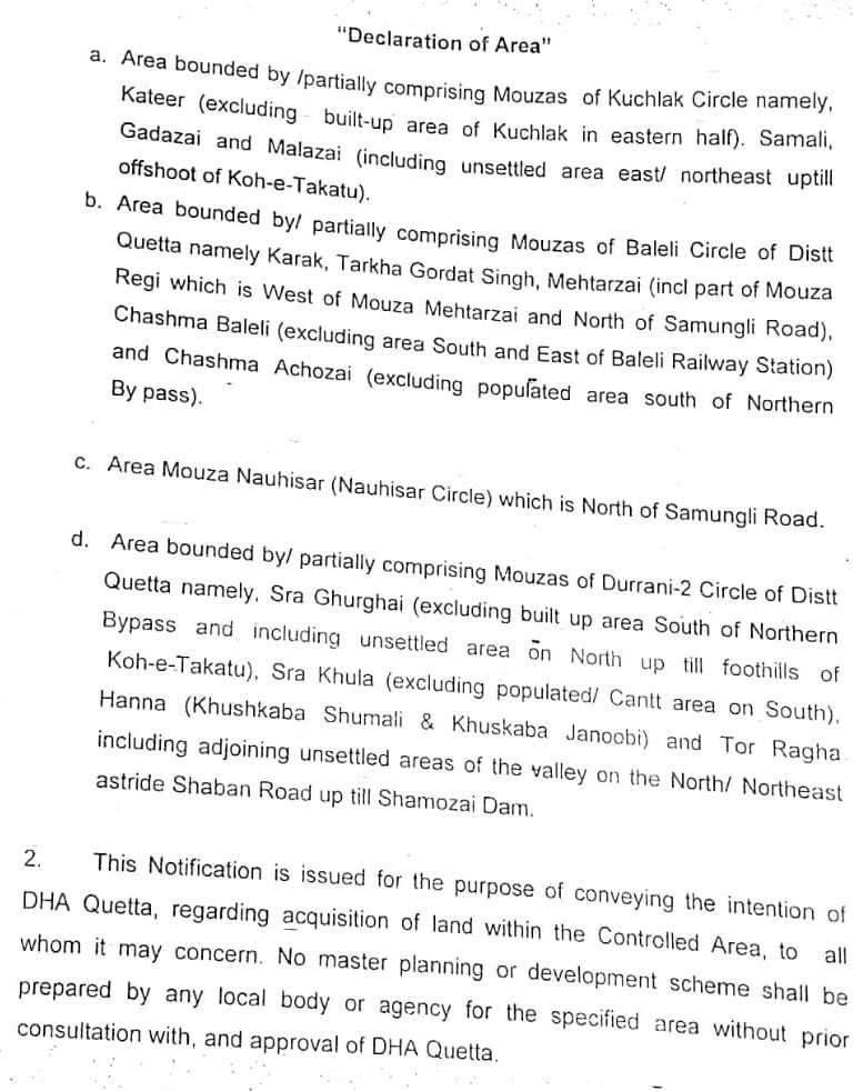DHA Quetta controlled area defined with boundaries