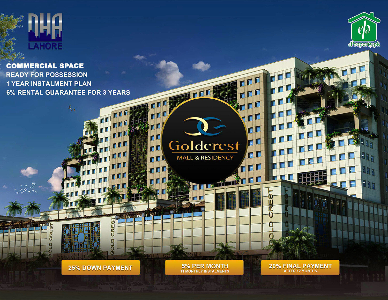 Book Aparment in DHA Lahore Goldcrest Front Elevation and Commercial Space Booking Rates